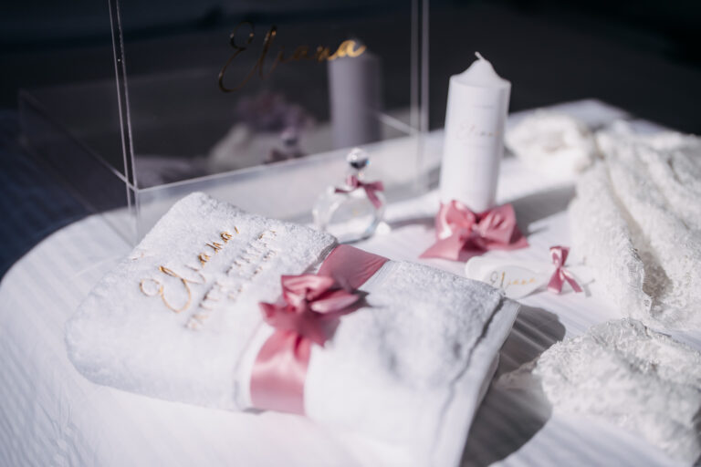 Personalised christening gown and baptism details photographed in Sydney